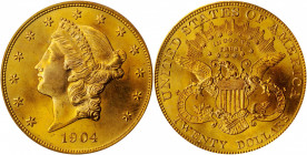1904 Liberty Head Double Eagle. MS-66 (PCGS).

This outstanding premium Gem is sharply struck, expertly preserved and possessed of full orange-gold lu...