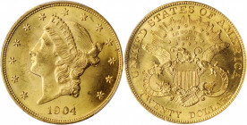 1904 Liberty Head Double Eagle. MS-65 (PCGS).

Endearing pinkish-orange surfaces are originally and uncommonly well preserved for this conditionally c...