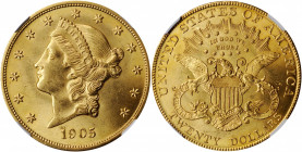 1905 Liberty Head Double Eagle. MS-62 (NGC).

Vivid golden-yellow patina greets the viewer from both sides of this lustrous and frosty example that ap...