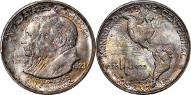 1923-S Monroe Doctrine Centennial. MS-66+ (PCGS). CAC.

Vibrant pastel toning accents the intense luster across this Gem Monroe half dollar. Swaths of...