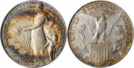 1915-S Panama-Pacific Exposition. MS-67 (PCGS).

A captivating Superb Gem with halos of intense steel-blue and reddish-russet peripheral toning on the...