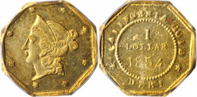 1854-DERI Octagonal $1. BG-528. Rarity-6. Liberty Head. MS-60 (PCGS).

Flashy satin surfaces exhibit subtle pinkish-rose highlights on golden-olive co...