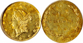 1864 Round 50 Cents. BG-1015. Rarity-7. Liberty Head--Double Struck--MS-62 (PCGS).

Dramatically double struck with 15 degrees rotation between impres...
