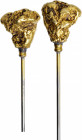 Gold Nugget-Topped Hat Pin.

17 mm x 16 mm x 12 mm, greatest dimensions for the nugget. 14.43 grams. The nugget tops an approximately 6 1/2 inch, gold...