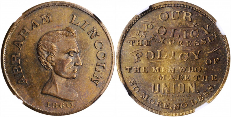 1860 Lincoln Campaign Medal. Cunningham 1-690B, King-54, DeWitt-AL 1860-57. Bras...