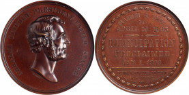 1871 Abraham Lincoln Emancipation Proclaimed Medal. By William Barber. Cunningham 7-060Bz, King-232, Julian CM-16. Bronze. MS-64 BN (NGC).

45 mm.

Es...