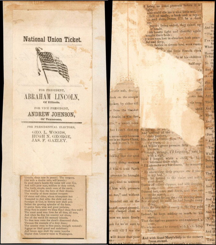 1864 Abraham Lincoln National Union Paper Ticket. Very Fine.

73 mm x 150 mm, gl...