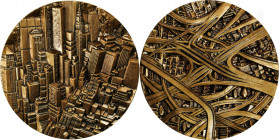 Undated (1979) High Relief Medal Depicting the Roadways and Buildings of Manhattan. By Therese Dufresne. Bronze. Mint State.

80 mm.  Struck at the Pa...