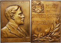 1917 Philadelphia Mint Superintendent Adam Morton Joyce Plaque. Bronze. Mint State.

38.5 mm x 55.5 mm.  Obv:  Bust of Joyce right, name ADAM MORTON J...