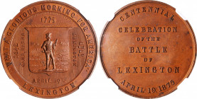 1875 Battle of Lexington Centennial Medal. HK-17, Julian CM-24. Rarity-5. Bronze. MS-66 BN (NGC).

38 mm.

Estimate: $550.00