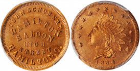 Ohio--Hamilton. 1864 John Schubert, Hamilton Saloon. Fuld-385D-6a. Rarity-9. Copper. Reeded Edge. MS-65 RD (PCGS).

19 mm.

From the Q. David Bowers C...