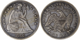 1866 Liberty Seated Silver Dollar. OC-1. Rarity-2. Repunched Date, Doubled Die Reverse. EF Details--Cleaned (PCGS).

PCGS# 6959. NGC ID: 24Z9.

From t...