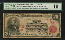 New York, New York. 1902 Red Seal $20 Fr. 639. The First NB. Charter #29. PMG Very Good 10.

Bold stamped signatures stand out on this Red Seal Twenty...