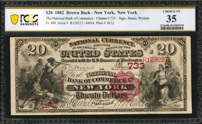 New York, New York. 1882 Brown Back $20 Fr. 494. The NB of Commerce. Charter #73...