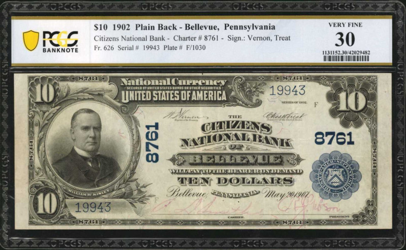 Bellevue, Pennsylvania. $10 1902 Plain Back. Fr. 626. The Citizens NB. Charter #...