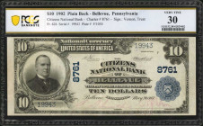 Bellevue, Pennsylvania. $10 1902 Plain Back. Fr. 626. The Citizens NB. Charter #8761. PCGS Banknote Very Fine 30.

Just eight large size notes are lis...