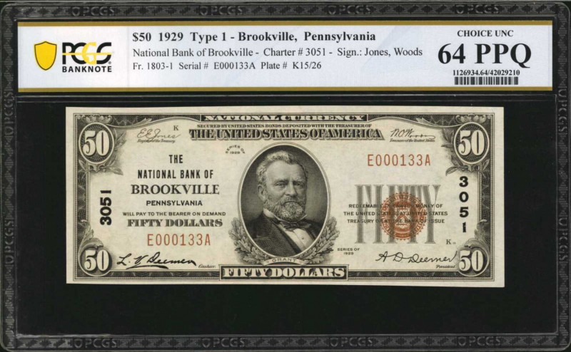 Brookville, Pennsylvania. $50 1929 Ty. 1. Fr. 1803-1. The NB. Charter #3051. PCG...