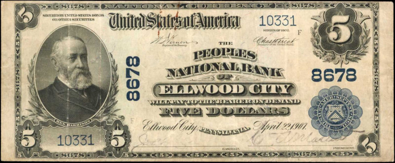 Ellwood City, Pennsylvania. $5 1902 Plain Back. Fr. 600. The Peoples NB. Charter...
