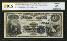Grove City, Pennsylvania. $10 1882 Date Back. Fr. 542. The First NB. Charter #5044. PCGS Banknote Very Fine 25.

This note is a new addition to the ce...