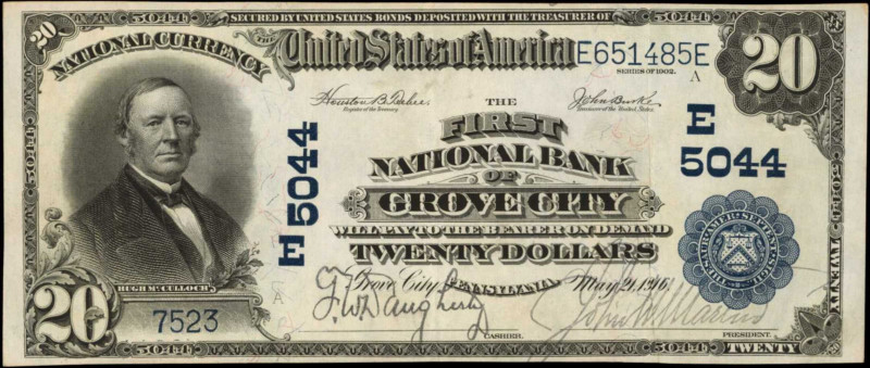 Grove City, Pennsylvania. $20 1902 Plain Back. Fr. 658. The First NB. Charter #5...