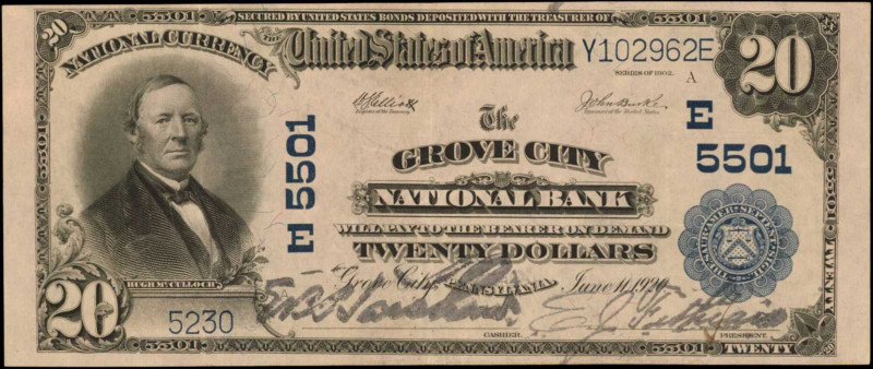 Grove City, Pennsylvania. $20 1902 Plain Back. Fr. 659. The Grove City NB. Chart...