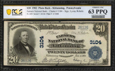 Kittanning, Pennsylvania. $20 1902 Plain Back. Fr. 650. The Farmers NB. Charter #3104. PCGS Banknote Choice Uncirculated 63 PPQ.

A highly attractive ...