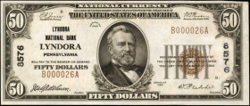 Lyndora, Pennsylvania. $50 1929 Ty. 1. Fr. 1803-1. The Lyndora NB. Charter #8576. Very Fine.

A low serial number of "B000026A" is found on this Fifty...