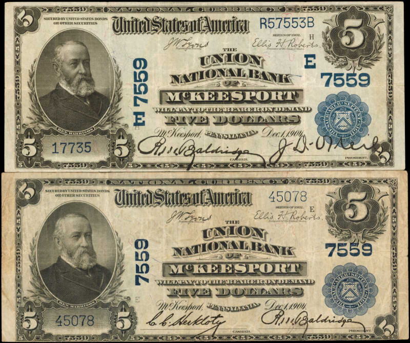 Lot of (2) McKeesport, Pennsylvania. $5 1902 Plain Back. Fr. 598. The Union NB. ...