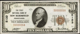 New Bloomfield, Pennsylvania. $10 1929 Ty. 1. Fr. 1801-1. The First NB. Charter #5133. Choice Uncirculated.

A low serial number of "D000006A" is foun...