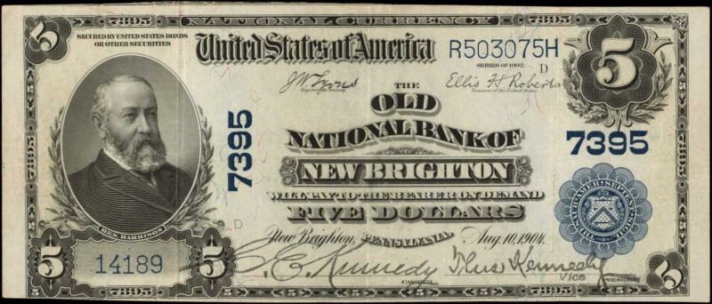 New Brighton, Pennsylvania. $5 1902 Plain Back. Fr. 598. The Old NB. Charter #73...