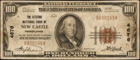 New Castle, Pennsylvania. $100 1929 Ty. 1. Fr. 1804-1. The Citizens NB. Charter #4676. Fine.

An always popular high denomination national, which is f...