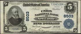 New Castle, Pennsylvania. $5 1902 Plain Back. Fr. 600. The Union NB. Charter #8503. Choice Very Fine.

An appealing evenly circulated example of this ...