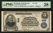 Pittsburgh, Pennsylvania. $5 1902 Plain Back. Fr. 598. The Farmers Deposit NB. Charter #685. PMG Choice About Uncirculated 58 EPQ.

Wide end-margins, ...