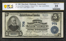 Pittsburgh, Pennsylvania. $5 1902 Plain Back. Fr. 598. The Second NB of Allegheny. Charter #776. PCGS Banknote Choice Very Fine 35.

Dark blue overpri...