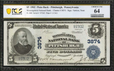 Pittsburgh, Pennsylvania. $5 1902 Plain Back. Fr. 600. The Monongahela NB. Charter #3874. PCGS Banknote Choice Uncirculated 64.

A bright example of t...