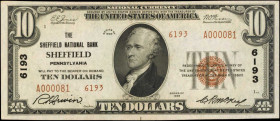 Sheffield, Pennsylvania. $10 1929 Ty. 2. Fr. 1801-2. The Sheffield NB. Charter #6193. Choice About Uncirculated.

An eye catching example of this Type...