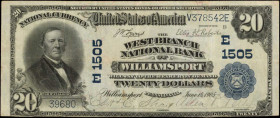 Williamsport, Pennsylvania. $20 1902 Plain Back. Fr. 650. The West Branch NB. Charter #1505. Very Fine.

Three of the four margins offer plentiful pap...