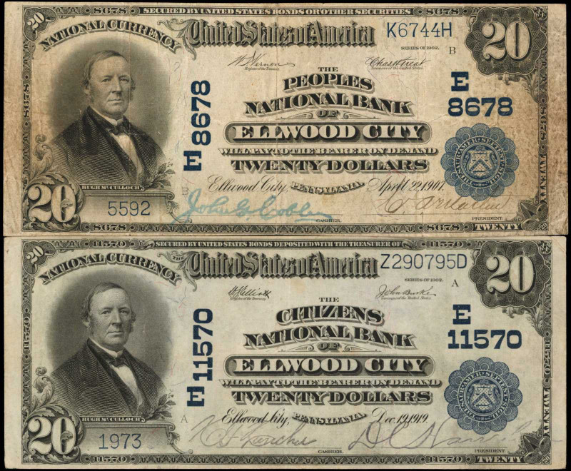 Lot of (2) Pennsylvania Nationals. $20 1902 Plain Backs. Fr. 652 & 659. Charter ...