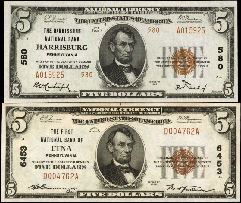 Lot of (2) Pennsylvania Nationals. $5 1929 Ty. 1 & Ty. 2. Fr. 1800-1 & 1802-1. C...