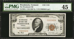 Woodstock, Vermont. $10 1929 Ty. 1. Fr. 1801-1. The Woodstock NB. Charter #1133. PMG Choice Extremely Fine 45.

A bright mid-grade offering of this Wo...