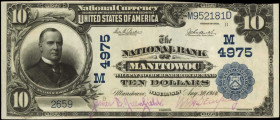 Manitowoc, Wisconsin. $10 1902 Plain Back. Fr. 631. The NB. Charter #4975. Choice Very Fine.

The purple stamped signatures remain legible on this Wis...