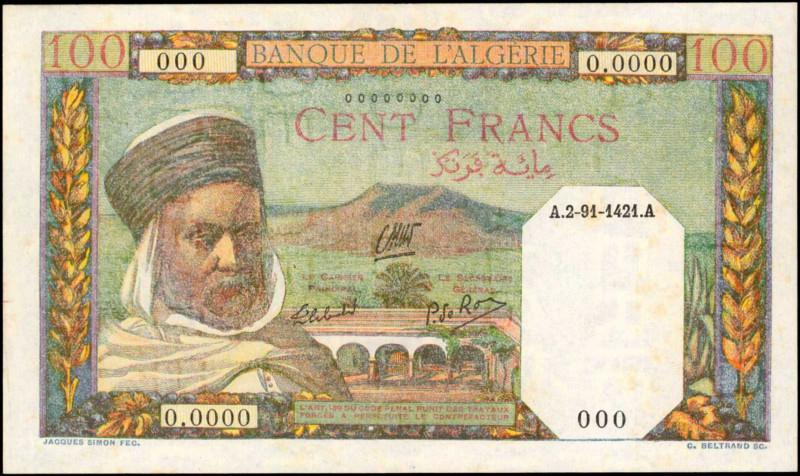ALGERIA. Banque de l'Algérie. 100 Francs, ND. P-88s. Specimen. About Uncirculate...