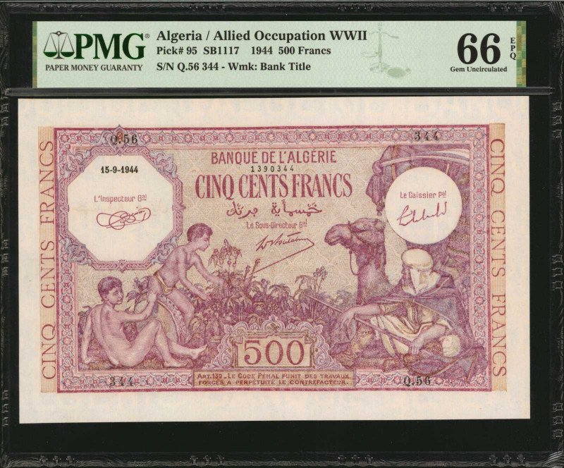ALGERIA. Allied Occupation WWII. 500 Francs, 1944. P-95. PMG Gem Uncirculated 66...