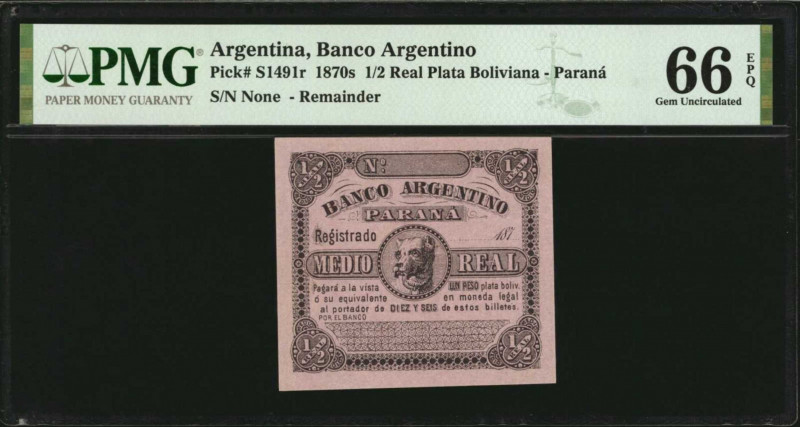 ARGENTINA. Banco Argentino. 1/2 Real Plata Boliviana, 1870's. P-S1491r. Remainde...