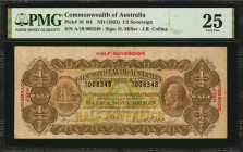 AUSTRALIA. Commonwealth of Australia. 1/2 Sovereign, ND (1923). P-10. PMG Very Fine 25.

A scarce issue, found here in a Very Fine grade. King George ...