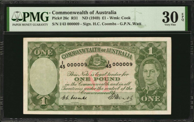 AUSTRALIA. Commonwealth of Australia. 1 Pound, ND (1949). P-26c. Low Serial Numb...