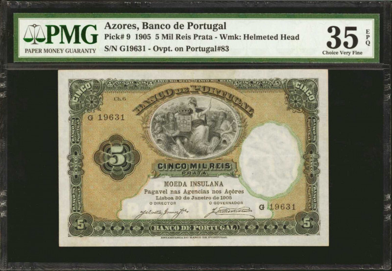 AZORES. Banco de Portugal. 5 Mil Reis Prata, 1905. P-9. PMG Choice Very Fine 35 ...