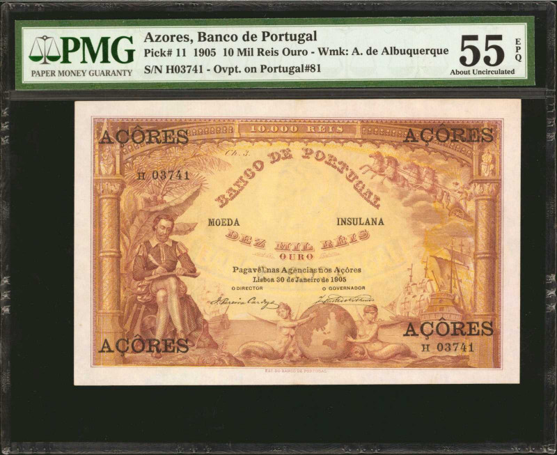 AZORES. Banco de Portugal. 10 Mil Reis Ouro, 1905. P-11. PMG About Uncirculated ...