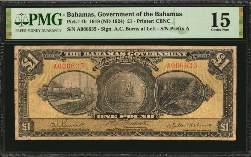 BAHAMAS. Government of the Bahamas. 1 Pound, 1919 (ND 1924). P-4b. PMG Choice Fi...