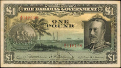 BAHAMAS. Bahamas Government. 1 Pound, 1919. P-7. Fine.

King George V at left with ship at center, with seal at right. The reverse of the note depicts...